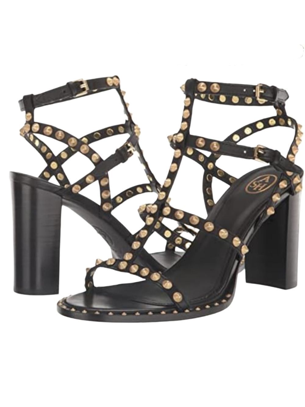 Ash Womens Black Kenya Gold Studded Leather Ankle Strap Heeled Sandal Size 40/10
